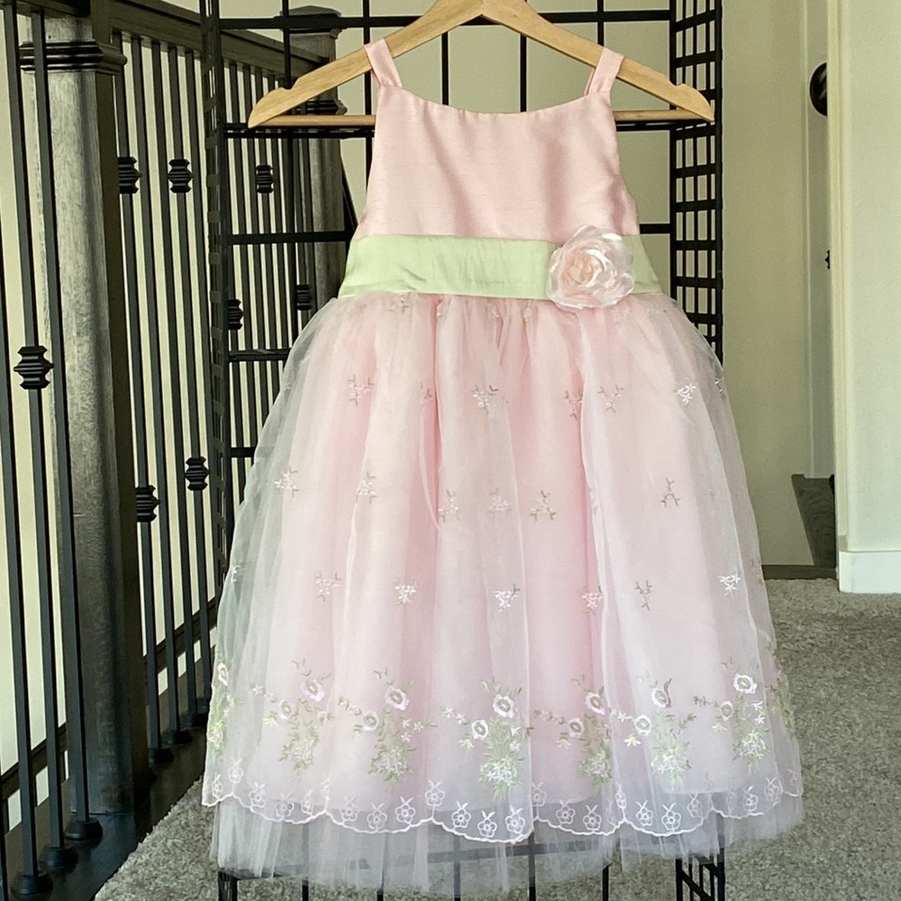 La Princess Pink and Green Sleeveless Floral Dress Girls Size 6